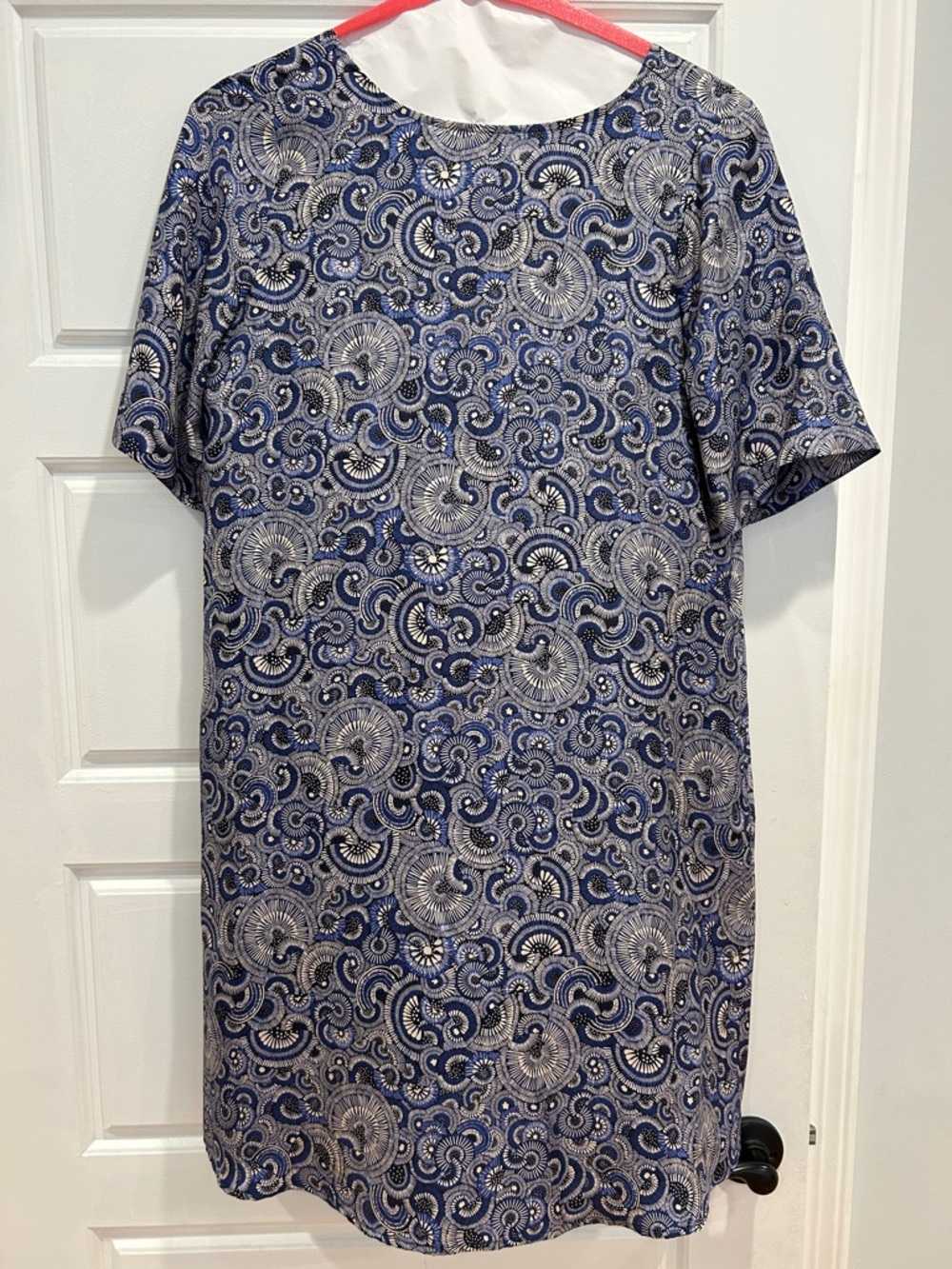 Momoni Blue Fan Patterned Short-Sleeve Silk Dress with Deep V Back - Brand New!